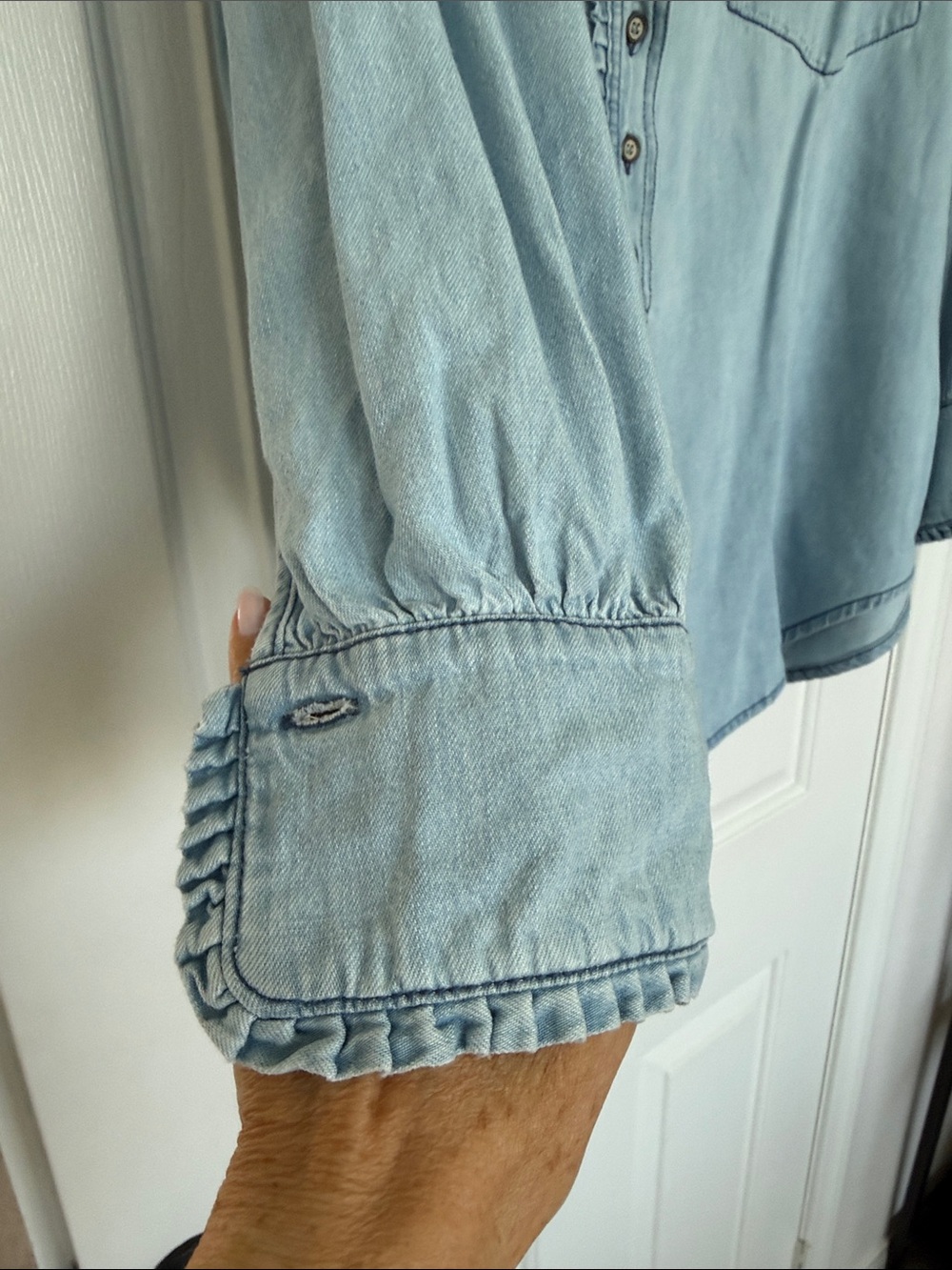 We The Free Light Wash Denim Henley Tunic Top - Picture 2 of 5